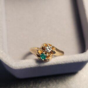 Emerald Diamond Ring 14k Yellow Gold Vintage Belcher Setting May Birthstone